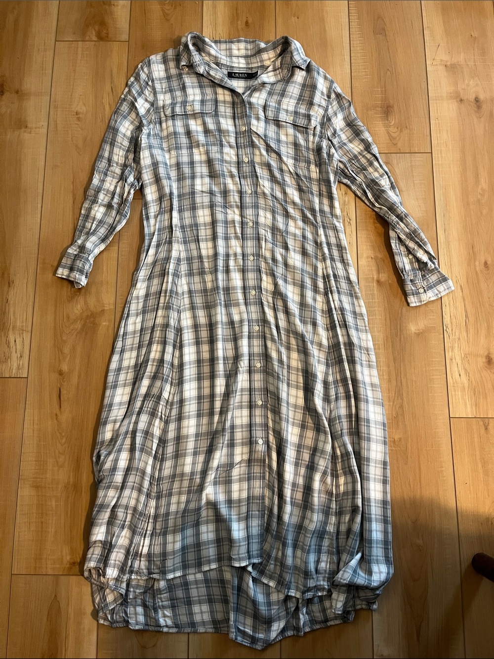 Ralph Lauren Grey, Cream and Khaki  Plaid Maxi Shirt Dress